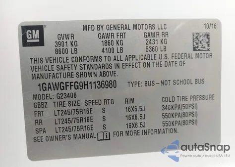 2017 Chevrolet Express 2500 Lt from USA, damaged, VIN 1GAWGFFG9H1136980